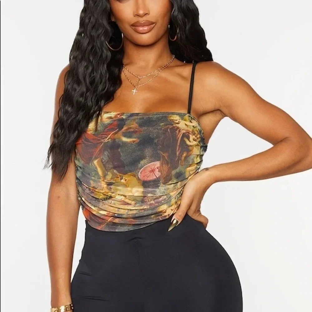 Plt Shape Brown Renaissance Print Mesh Ruched Thong Bodysuit - Picture 5 of 12